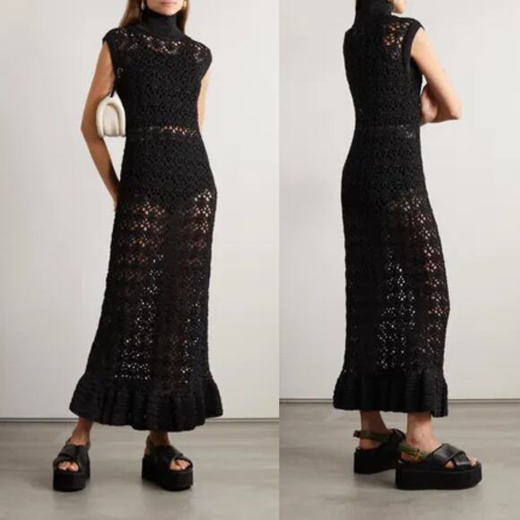 GANNINWT Black Metallic Crochet High Neck Sleeveless Midi Dress S GANNINWT Black Metallic Crochet High Neck Sleeveless Midi Dress S